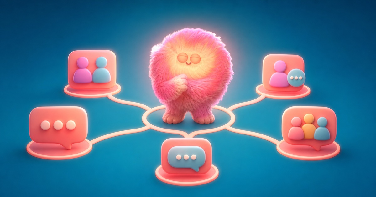 Cosy mascot considering five different paths for connecting people in Slack