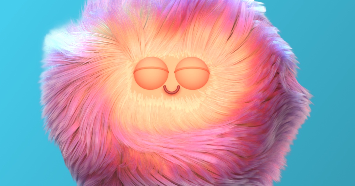 Colourful pink and cream Cosy mascot on a blue background